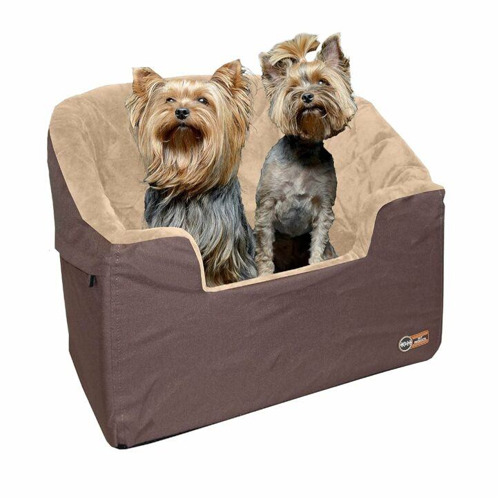 K&H Pet Products Bucket Booster Dog Car Seat with Dog Seat Belt for Car, Washable Small Dog Car Seat, Sturdy Dog Booster Seats for Small Dogs, Medium Dogs, 2 Safety Leashes, Large Tan/Tan