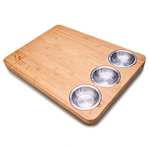 Bamboo Voyage Extra Large Sustainable Bamboo Cutting Board for kitchen with 3 built in stainless steel bowls, Large surface area (16’’ x 22’’) Ideal Gift for Housewarming, Christmas and Birthdays.