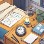A table with a night routine checklist, a dimly lit lamp, a cozy bed, and a clock showing bedtime