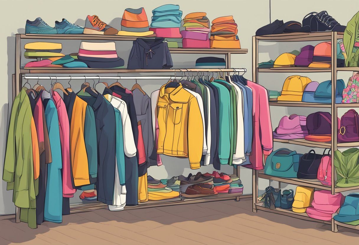 A colorful thrift store display with diverse clothing items on hangers and shelves, showcasing the variety and affordability of second-hand fashion benefits of buying second hand clothes