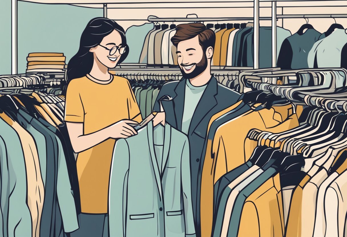 A person browsing through racks of second-hand clothing, smiling as they find a stylish and affordable item benefits of buying second hand clothes