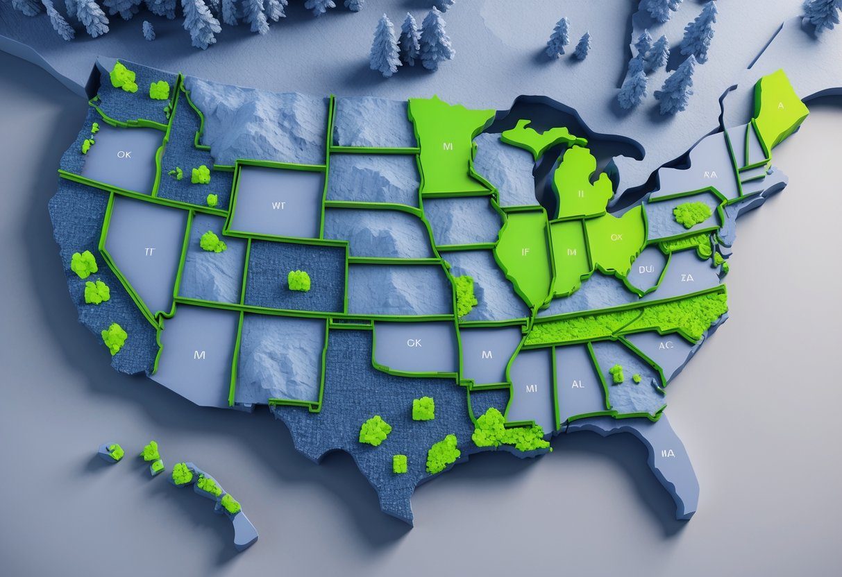 A 3D rendered map of the United States with certain states highlighted in green to show where accessory dwelling units are legal, while other states are shown in gray.