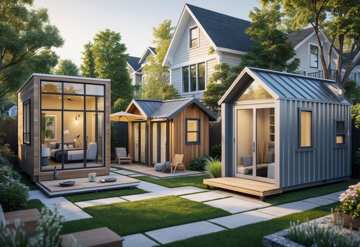 A backyard scene showing several small accessory dwelling units with different architectural styles, surrounded by plants and outdoor furniture.