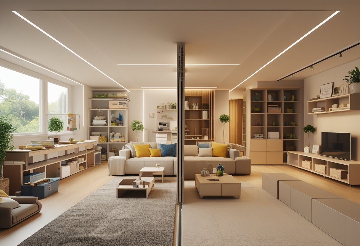 A living room divided into two halves showing a cluttered large space on one side and a neatly organized smaller space with compact furniture on the other.