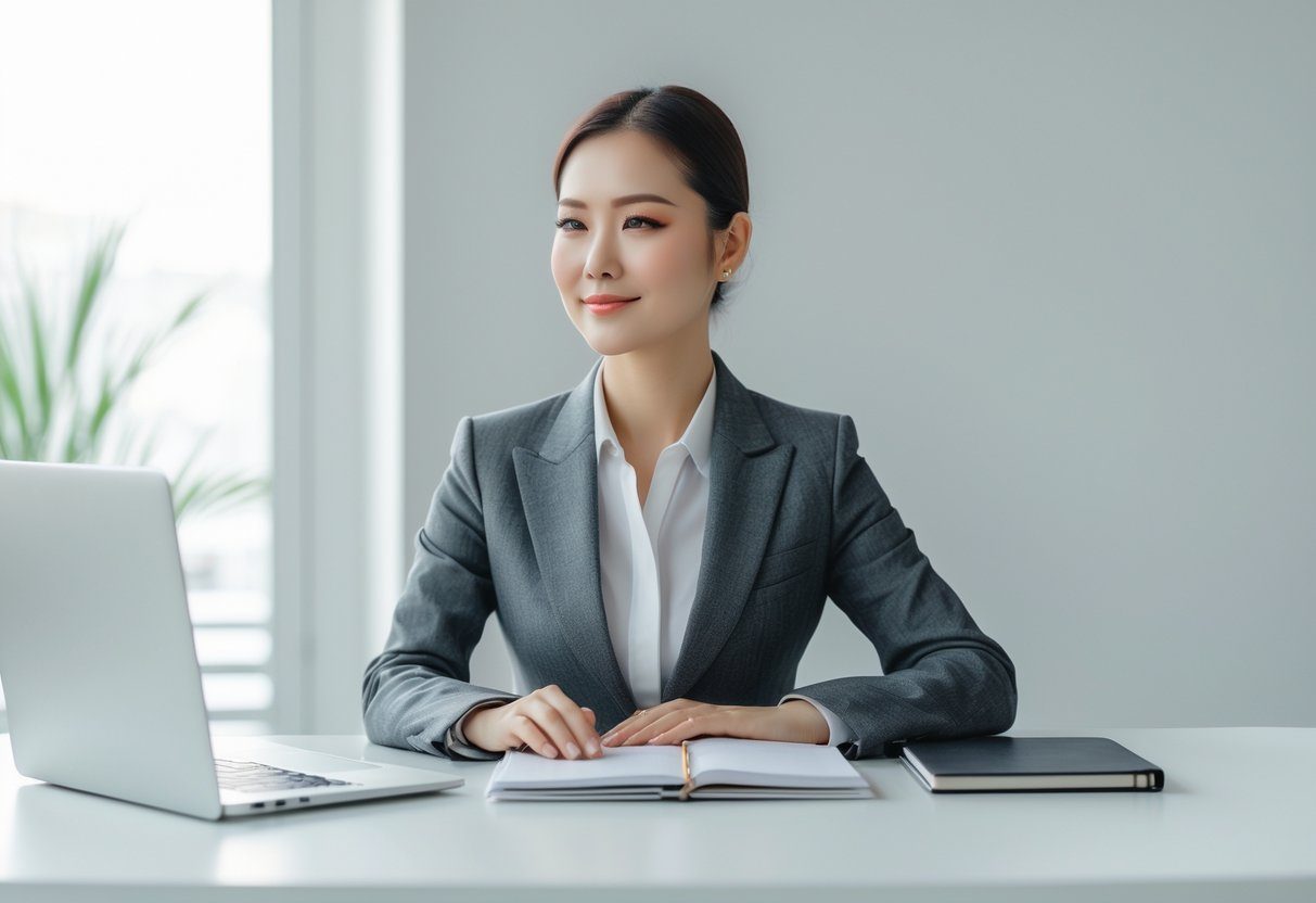 A person working at a clean, minimalist desk with a laptop and notebook in a bright, uncluttered workspace.