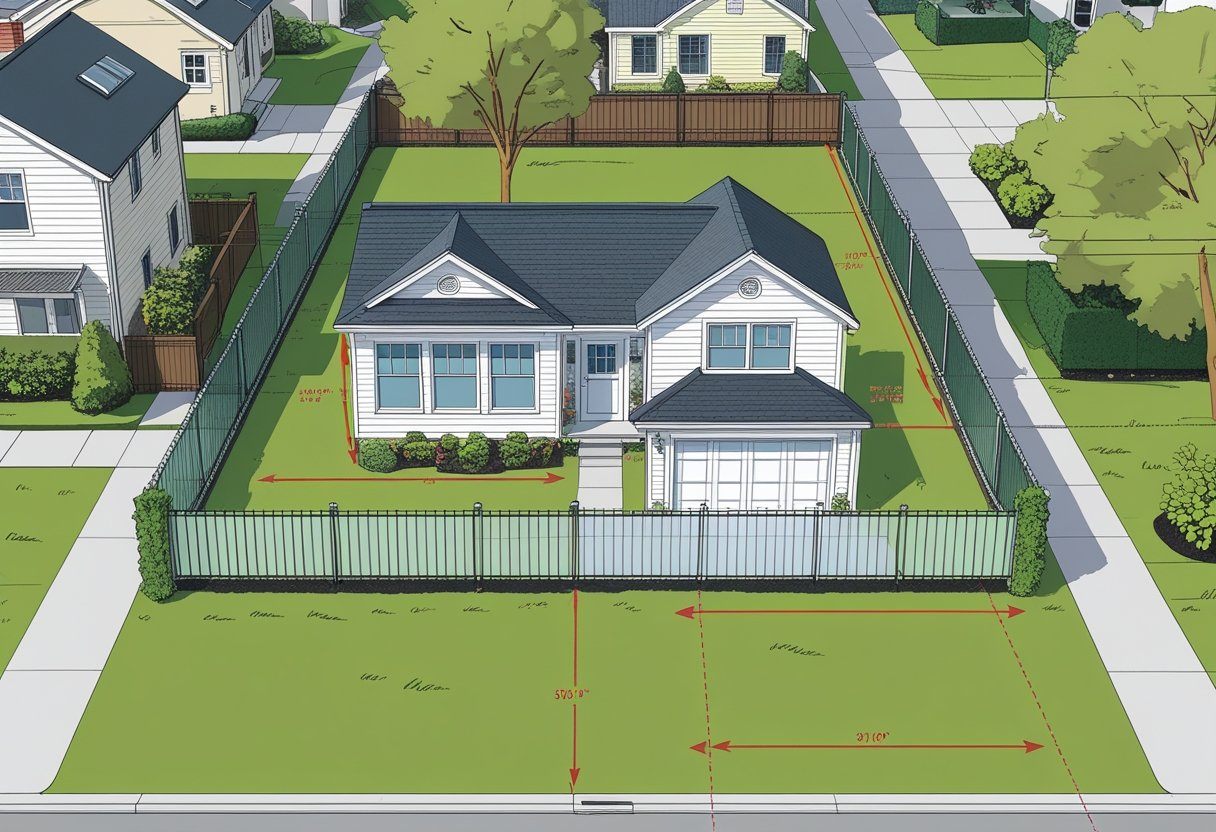 A residential property with a main house and a smaller accessory building in the backyard, showing setback distances from property lines and the main house.
