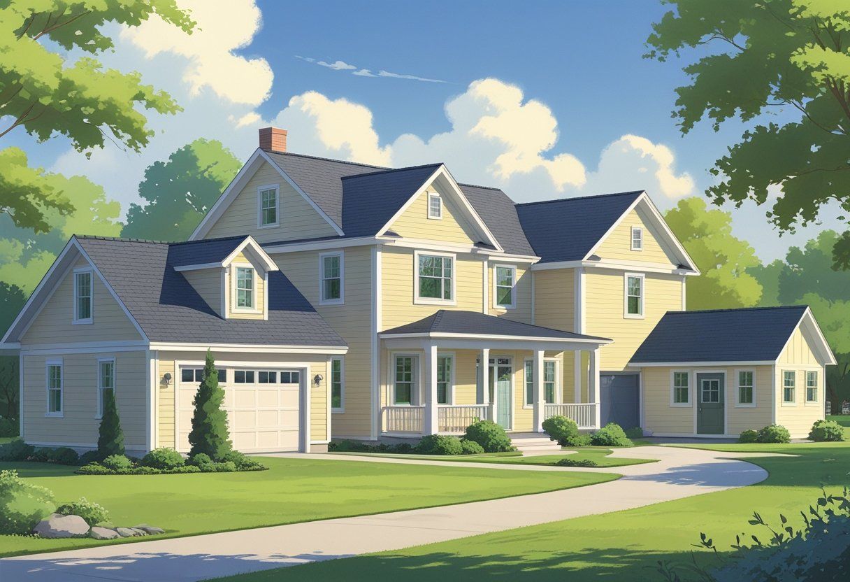 A residential property with a main house and several smaller accessory buildings like a garage, shed, and workshop surrounded by trees and a driveway.