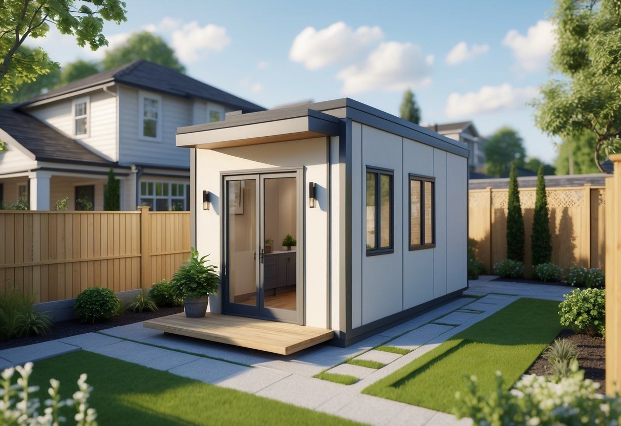 A small accessory dwelling unit in a suburban backyard next to a main house with a lawn, garden, and walkway.