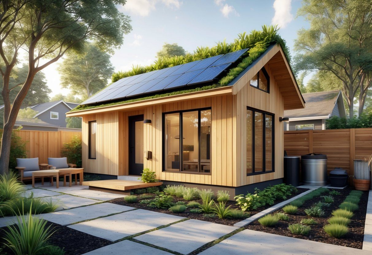 A small eco-friendly accessory dwelling unit with solar panels, a green roof, large windows, and a garden with native plants in a sunny backyard.