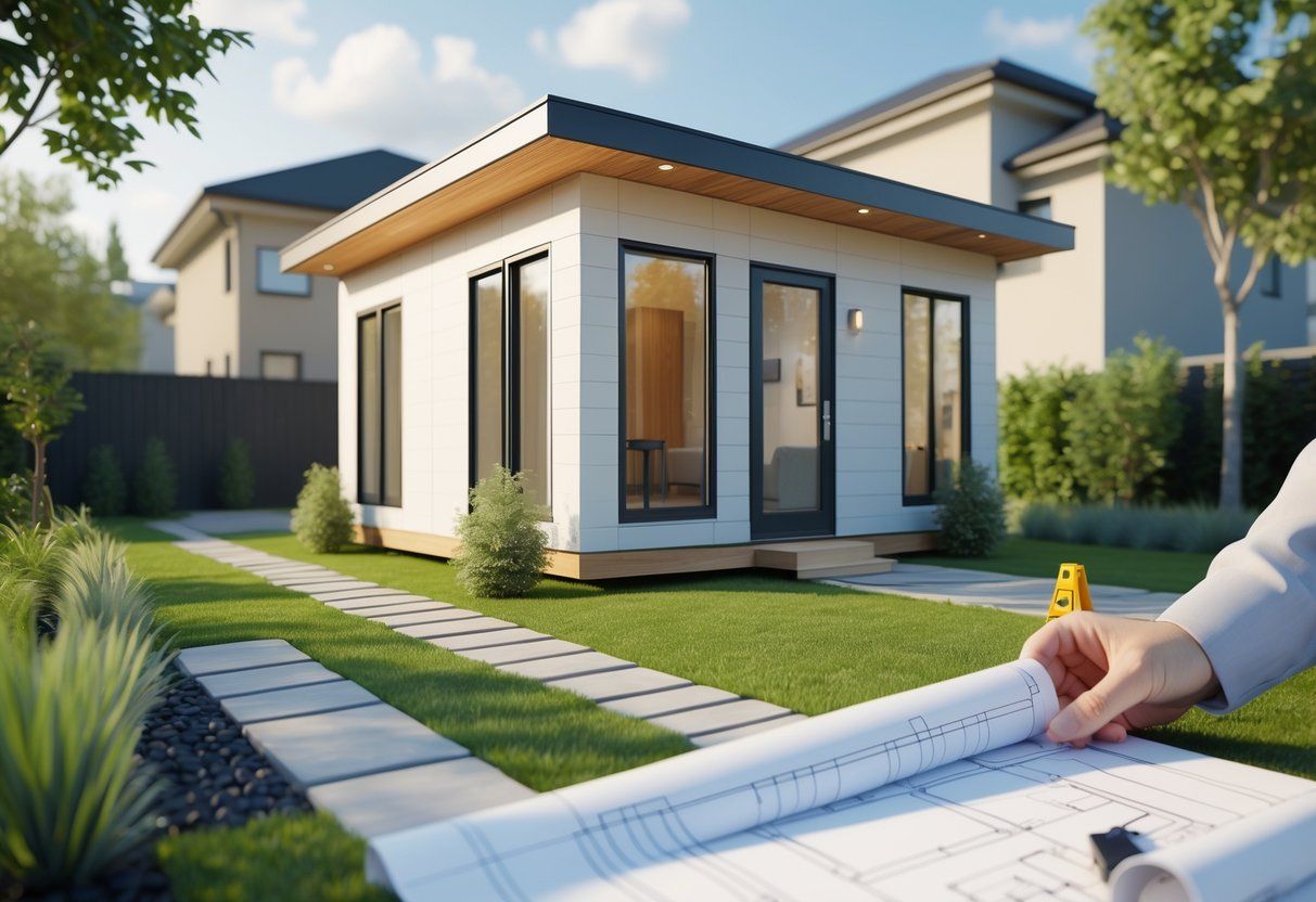 A small modern accessory dwelling unit in a backyard with a person reviewing blueprints nearby.