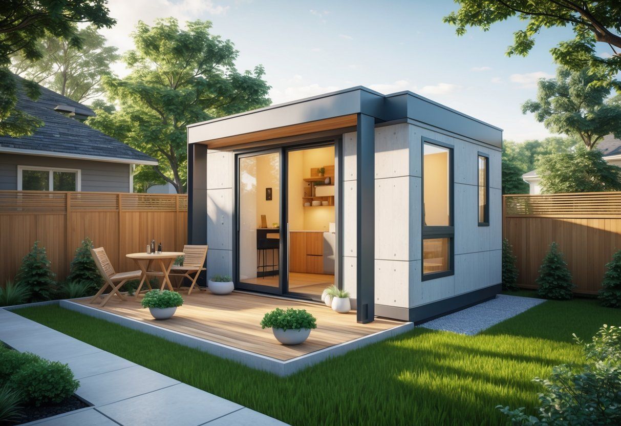 A small modern backyard dwelling with a wooden deck, garden, and outdoor furniture next to a main house.