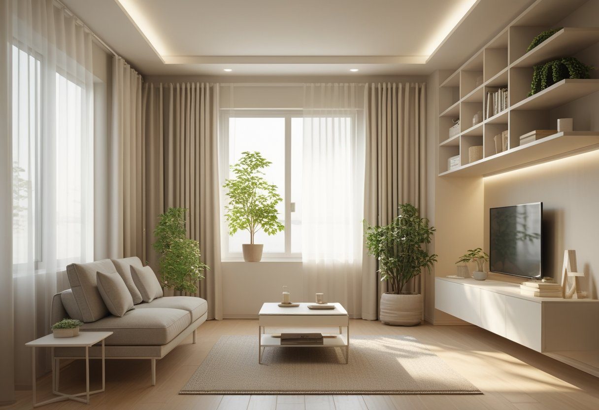 A small, tidy living room with a sofa, coffee table, shelves, and a window letting in natural light.