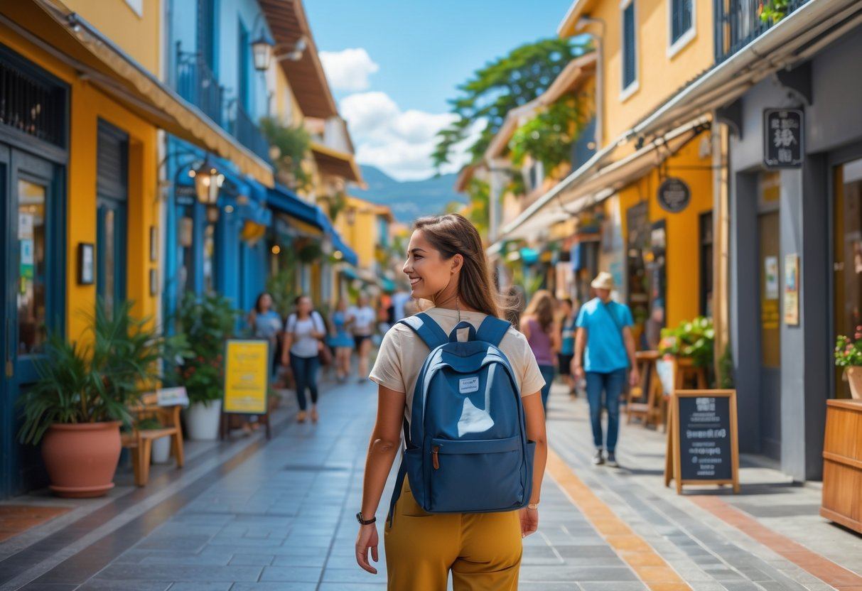 A smiling solo female traveler walking confidently on a sunny city street lined with cafes and shops, surrounded by people and greenery.