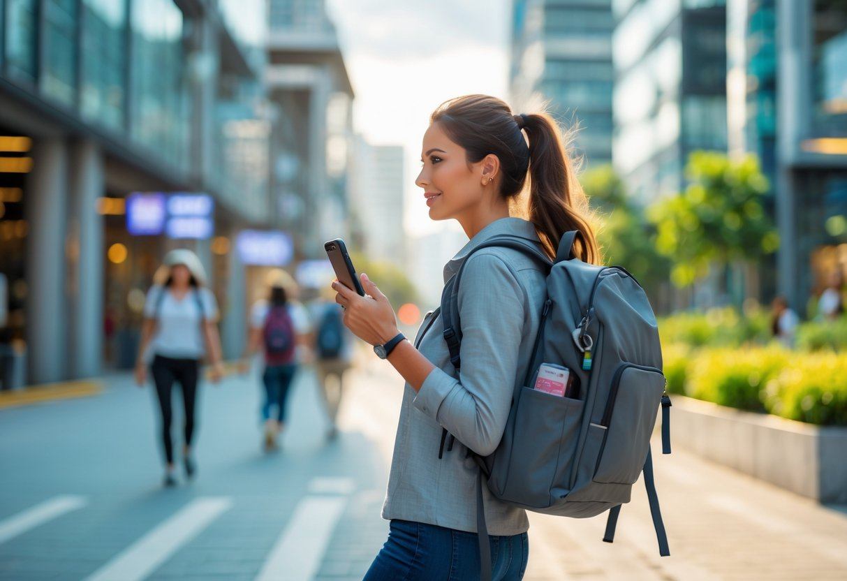 A solo female traveler confidently walking through a city street, looking at her smartphone with a backpack, surrounded by people and buildings.