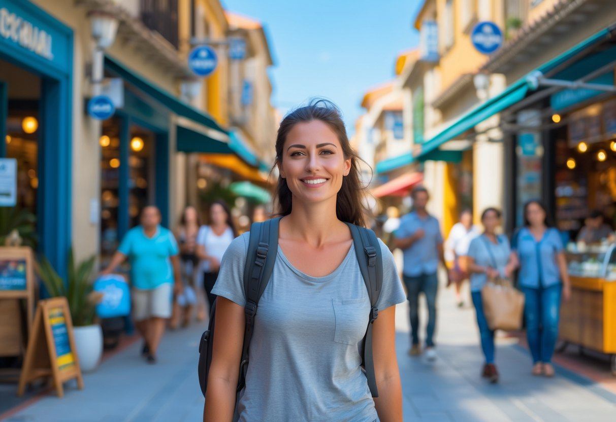 A solo female traveler walking confidently on a busy pedestrian street with shops and cafes, surrounded by friendly people in a safe urban setting.