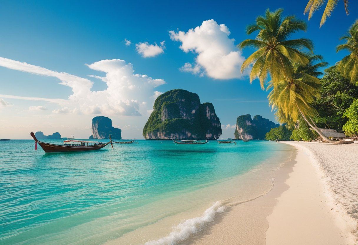A tranquil beach in Phuket, Thailand with clear turquoise water, white sand, palm trees, and limestone cliffs in the distance.