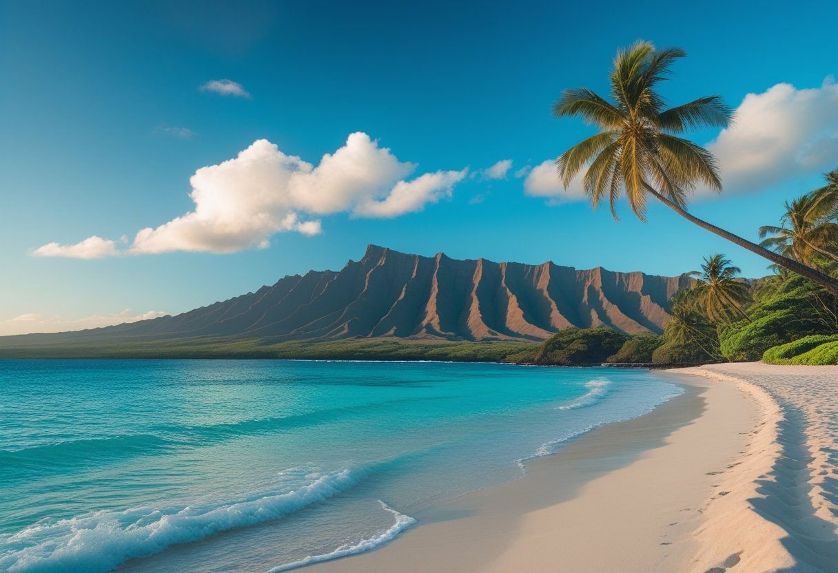 A tropical beach in Maui with clear turquoise water, white sand, palm trees, and volcanic mountains under a blue sky.