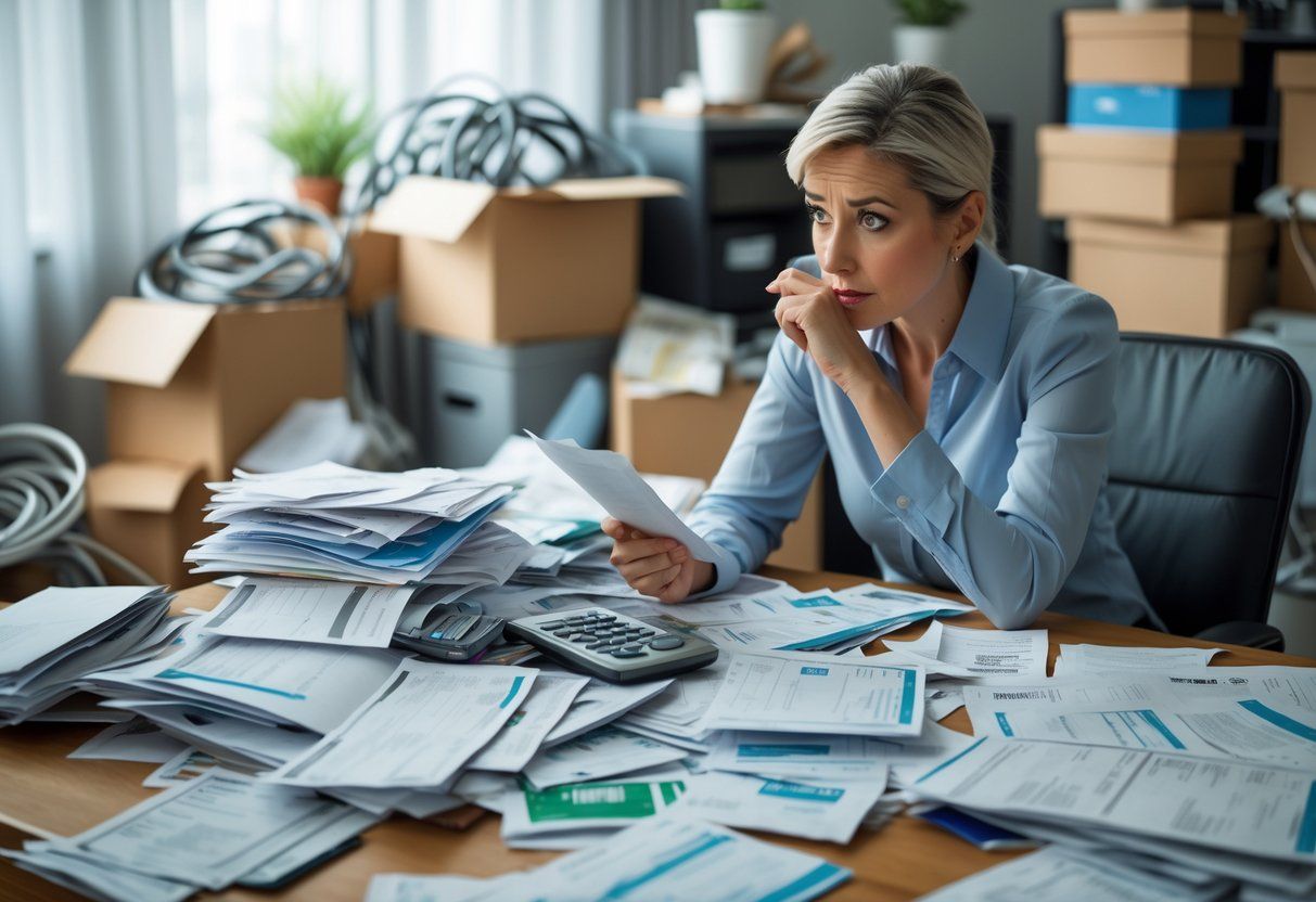 A worried adult sitting at a cluttered desk surrounded by piles of bills, receipts, and household items in a disorganized room.