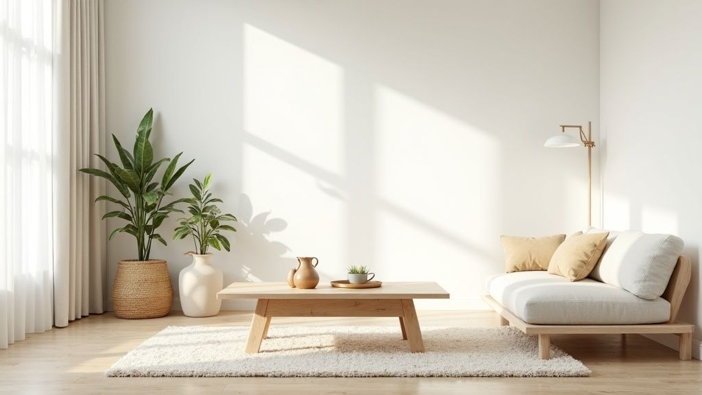 Minimalist room with simple furniture, natural light, and clean surfaces