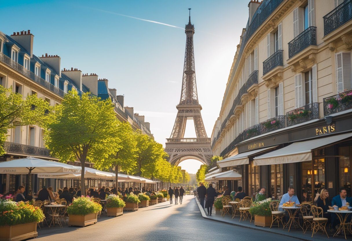 View of the Eiffel Tower behind a Parisian street café with outdoor seating, people enjoying coffee, and classic buildings lining a tree-lined street.