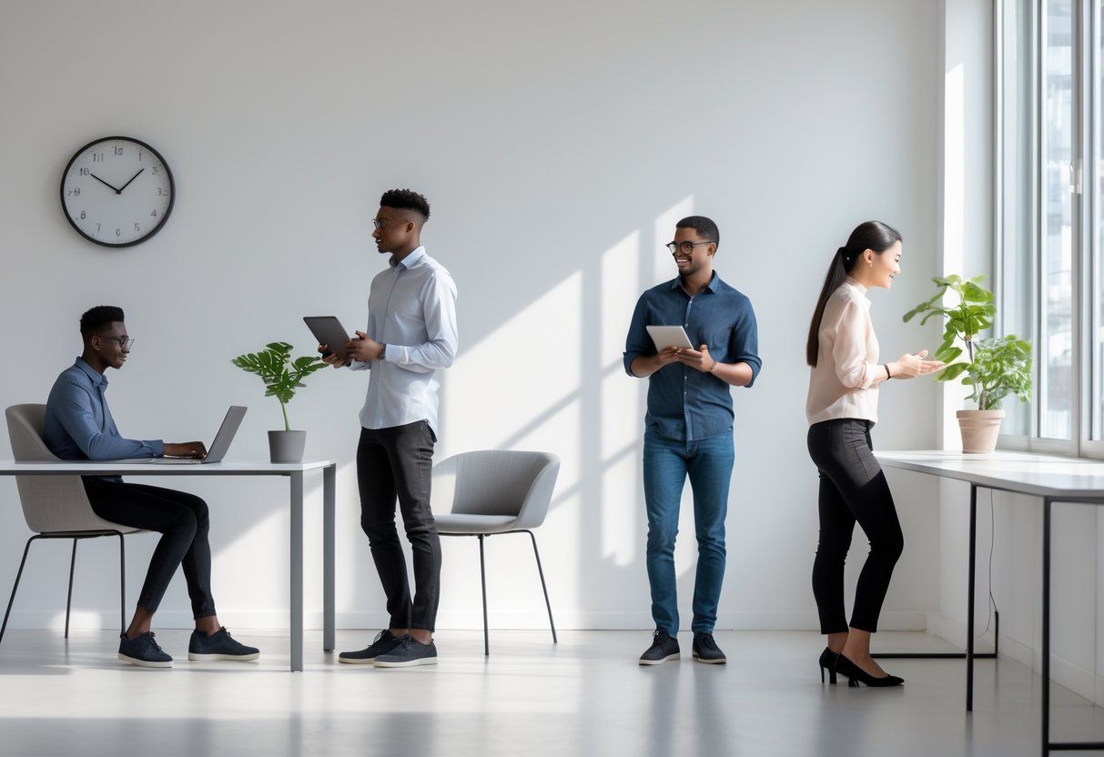 Young professionals working together in a clean, minimalist office with natural light and simple furniture.