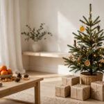 A minimalist Christmas with kids — small tree with natural ornaments and four wrapped gifts