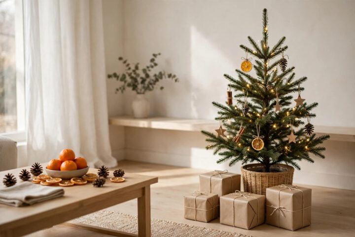 A minimalist Christmas with kids — small tree with natural ornaments and four wrapped gifts