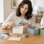 A person thoughtfully sorts keepsakes at a table.