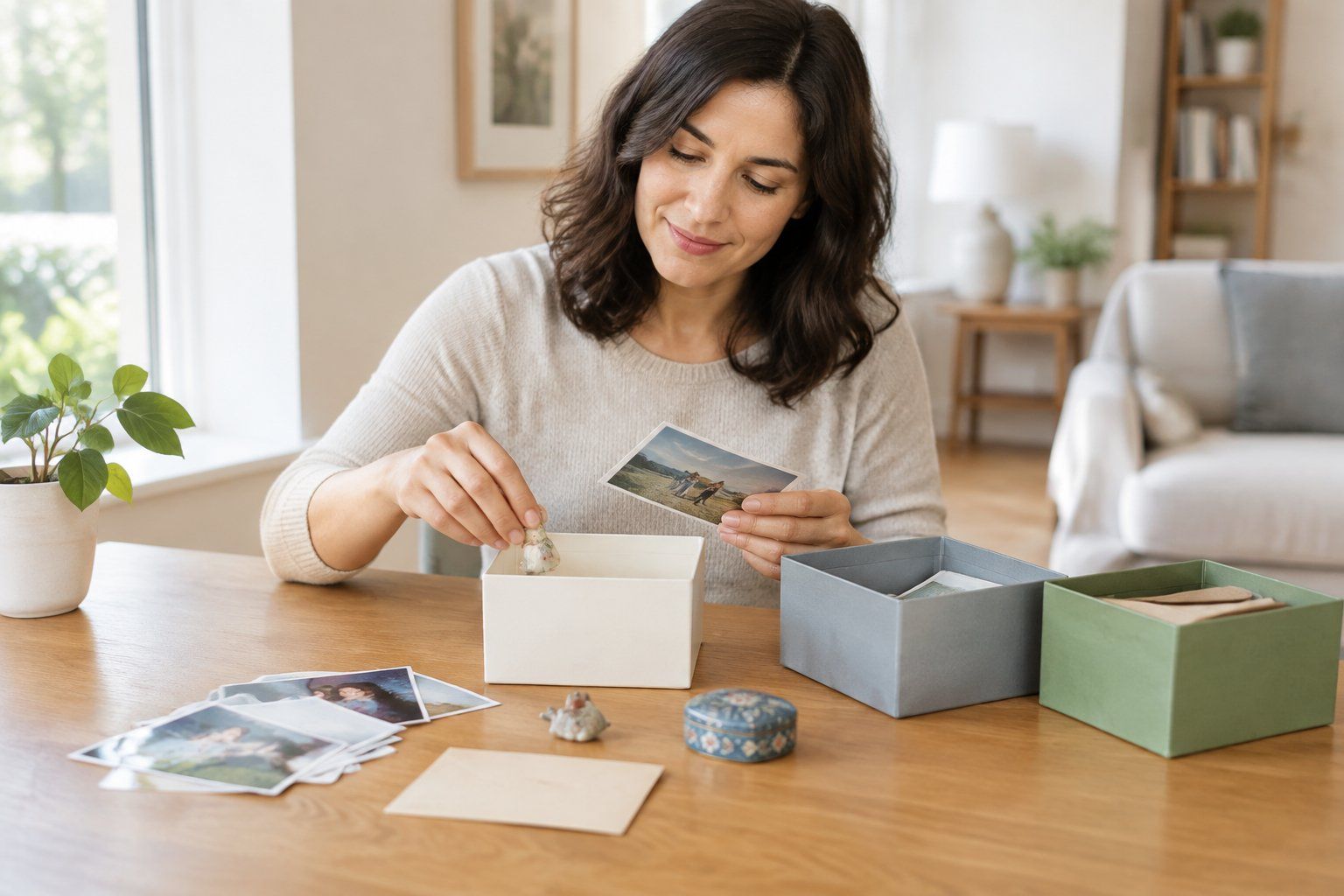 Decluttering sentimental items — sorting keepsakes at a table.