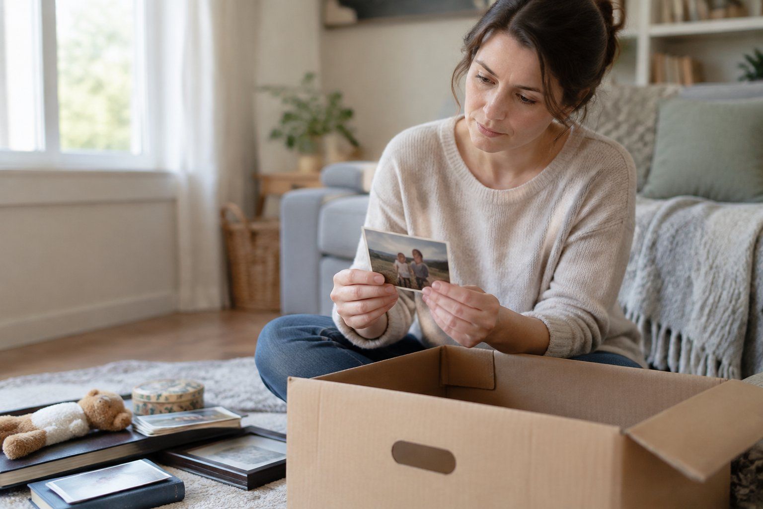 A person sits beside a box of keepsakes, thoughtfully holding a treasured object.