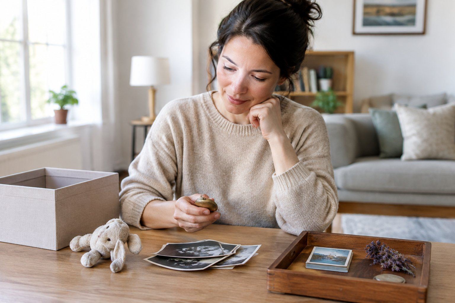 A person thoughtfully sorting a few keepsakes at a table.